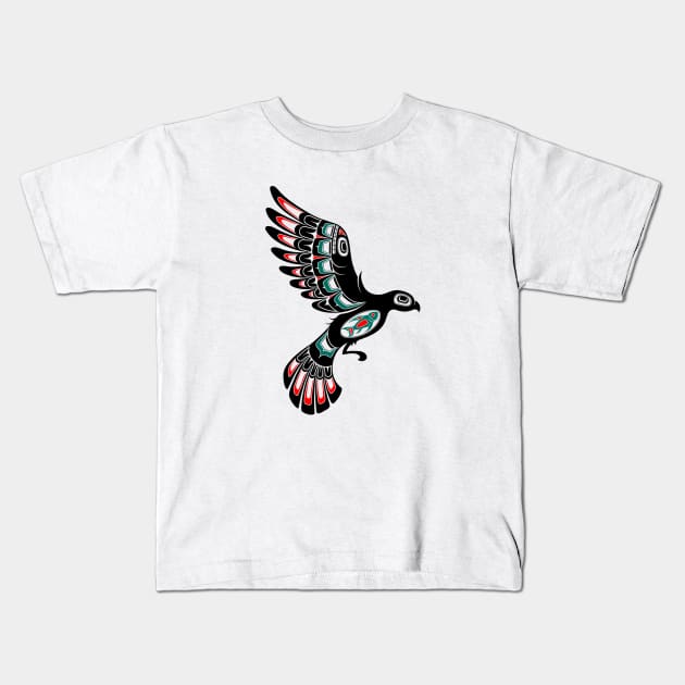 Red and Green Haida Spirit Flying Bird Kids T-Shirt by jeffbartels